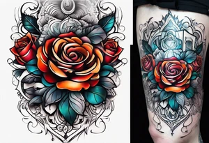 front knee tattoo based on Mike Rubendall with roses, water, flowers, background wash tattoo idea