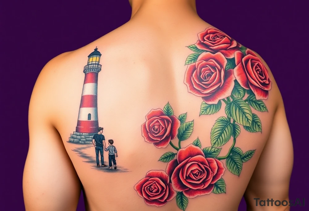 A full sleeve tattoo in illustrative realism style, showing a detailed lighthouse on the forearm glowing at night, with a dark purple starry sky. A man and a boy are standing at the base of the red and white lighthouse, holding hands and looking up at it. From the elbow up to the shoulder, the arm is filled with large, vibrant red roses and green vines blending into the same purple sky. The entire scene is atmospheric, emotionally rich, with soft lighting, high detail, and smooth blending between elements.” tattoo idea
