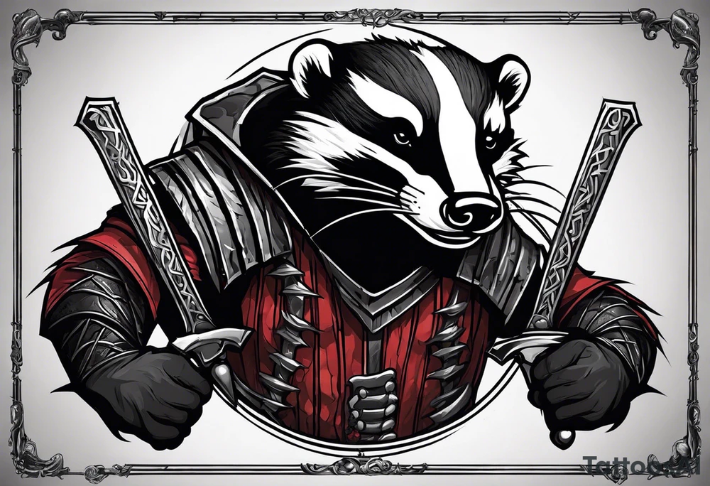 Draw me psychopath Badger/Gladiator with aggressive full body, killer face with a scary smile, very long nails and he attacks like a Bloody Assassin to us and also, he has very deadly looking. He fights with his nails. Everybody scares after their first sight. Give me horror type Badger Tattoo. I want to see his Realistic full body. tattoo idea