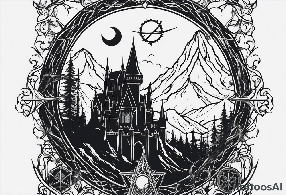Lord of the rings with Harry Potter incorporated but clear visual of both movies. Small and minimal. Something like the deathly hallows symbol made out of swords and wizard staff from LOTR tattoo idea