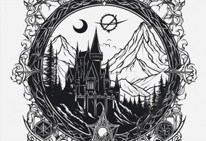 Lord of the rings with Harry Potter incorporated but clear visual of both movies. Small and minimal. Something like the deathly hallows symbol made out of swords and wizard staff from LOTR tattoo idea