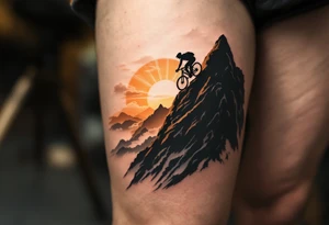 A silhouette of a cyclist riding up a steep mountain, with golden sun rays breaking through the clouds, capturing the essence of perseverance. tattoo idea