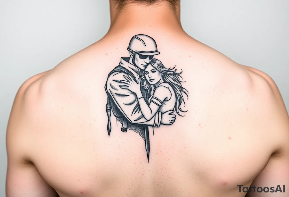 Linear tattoo for a military wife. Ukrainian soldier hugging a girl tattoo idea