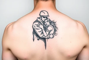Linear tattoo for a military wife. Ukrainian soldier hugging a girl tattoo idea