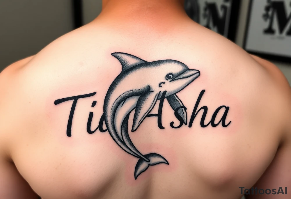 The name Ti'Asha with a dolphin for my mom favorite animal with the tattoo being somewhere on the arm or bicep tattoo idea