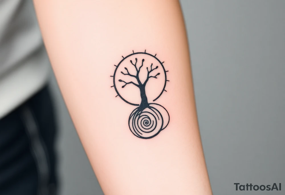 Tree inside of sun, spiral circle roots. A spiral line moving to the right tattoo idea