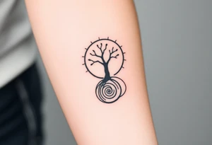 Tree inside of sun, spiral circle roots. A spiral line moving to the right tattoo idea