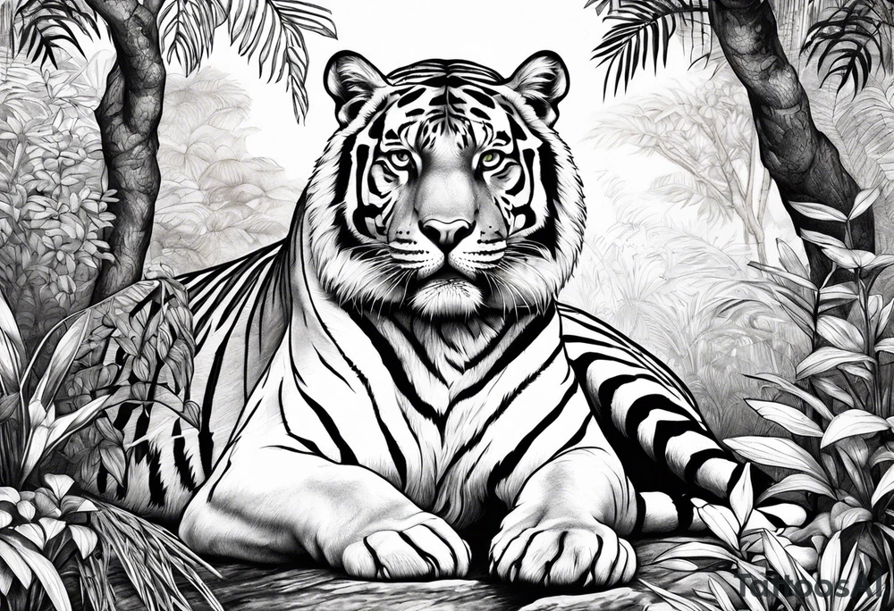 Calm strong tiger in the jungle, with jaguar in tree tattoo idea