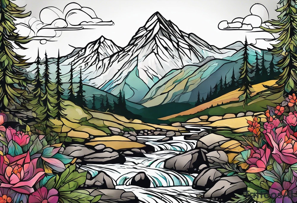 Feminine adventure, mountain scape, compass, large tattoo idea