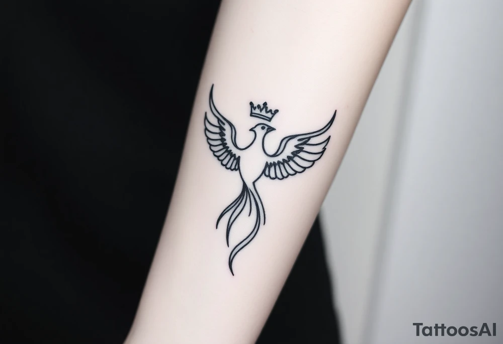 Minimal phoenix and crown fine lines tattoo idea