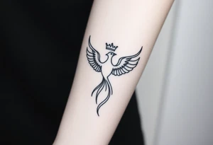 Minimal phoenix and crown fine lines tattoo idea