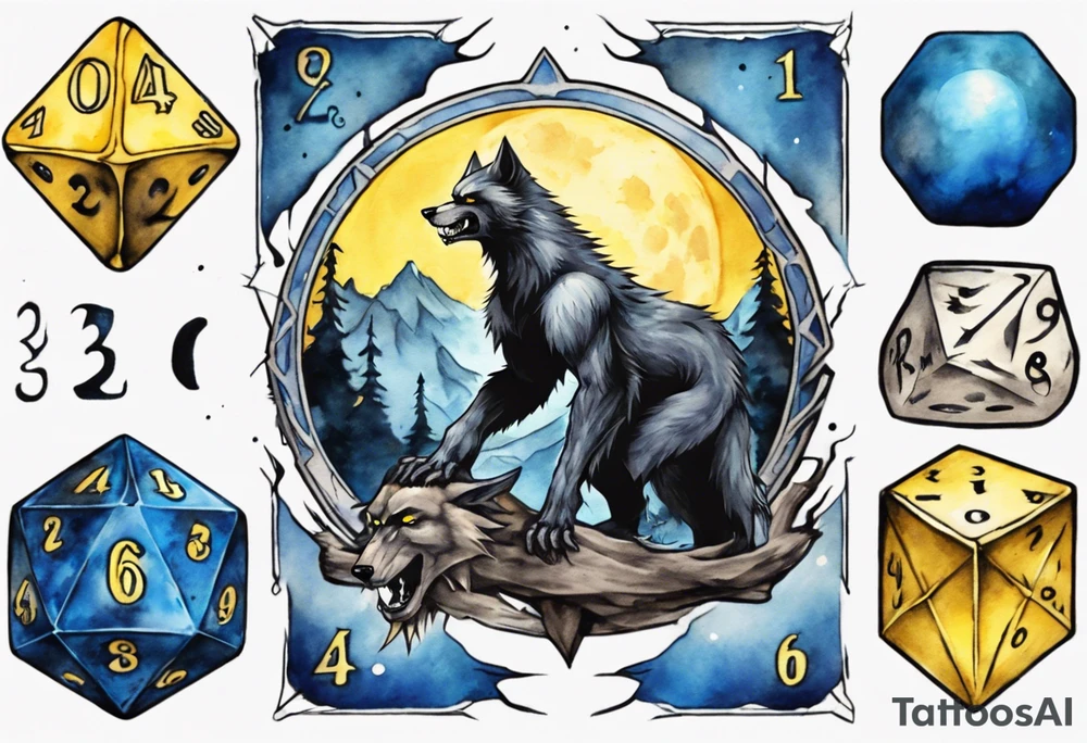 A 20 sided Dice in the center with numbers and wolverine claw marks framing the area underneath the dice and a werewolf howling at the moon in the background, and blue and yellow faded background color tattoo idea