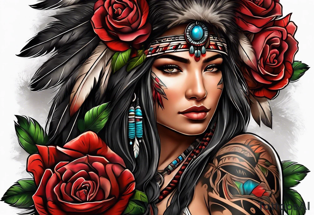 Native American wrapped in roses with a wolf pelt tattoo idea