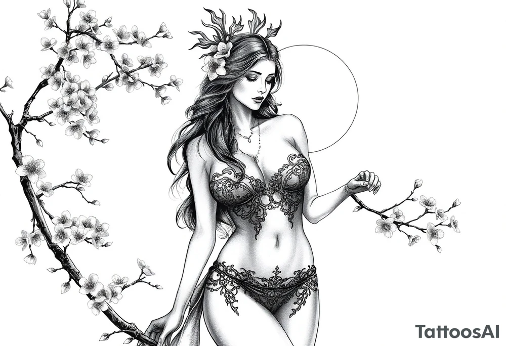 Hottest depiction of a starter the goddess of Love and war nude with see-through exotic lingerie at sunset with cherry blossoms tattoo idea