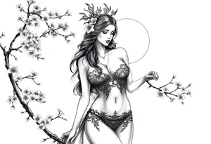 Hottest depiction of a starter the goddess of Love and war nude with see-through exotic lingerie at sunset with cherry blossoms tattoo idea