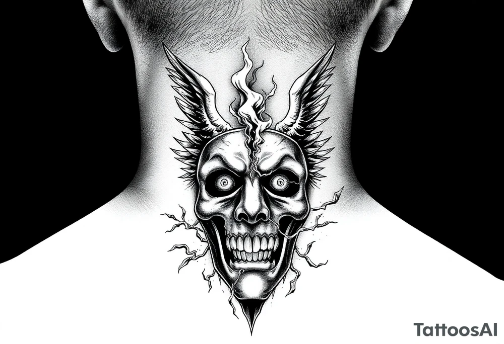 Dark fantasy neck tattoo. A demonic face screaming toward a screaming angel on opposite sides of the neck, both facing inward. Between them, in the center front of the neck, a broken mask splitting into light and darkness, with smoke and energy flowing from the cracks. Black and grey realism, high contrast, detailed linework, dramatic shadows. tattoo idea