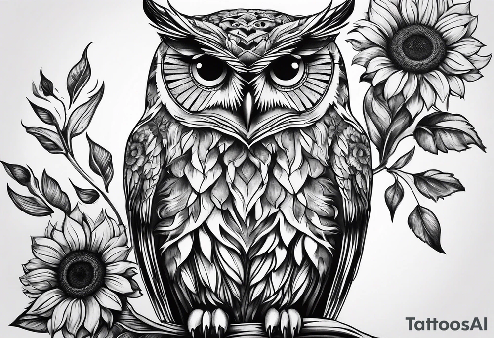 Owl with sunflowers leg sleeve tattoo idea