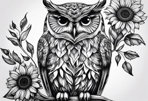 Owl with sunflowers leg sleeve tattoo idea