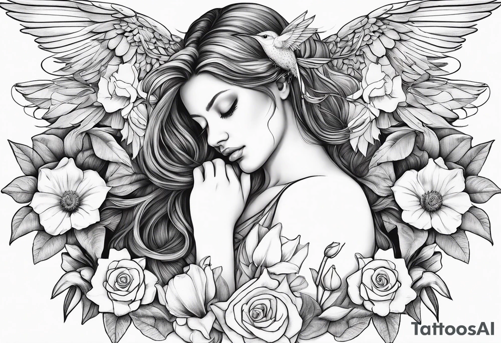 sad angel with head down and face covered by her hair with sagging broken wings surrounded by lily, daffodil, rose, daisy, narcissus holding a hummingbird tattoo idea