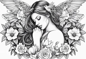 sad angel with head down and face covered by her hair with sagging broken wings surrounded by lily, daffodil, rose, daisy, narcissus holding a hummingbird tattoo idea