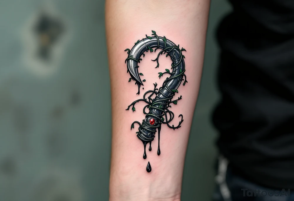 The Cursed Hook – A metal pirate hook hand, wrapped in dark green vines and black tendrils, with a single ruby embedded in the wristpiece. The hook drips with ink-black liquid, symbolizing an ancient curse. tattoo idea