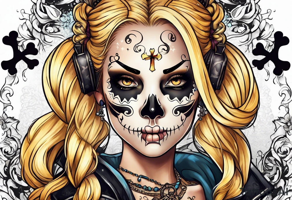 Skull and cross bones with blonde pigtails tattoo idea
