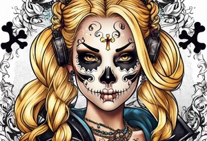 Skull and cross bones with blonde pigtails tattoo idea