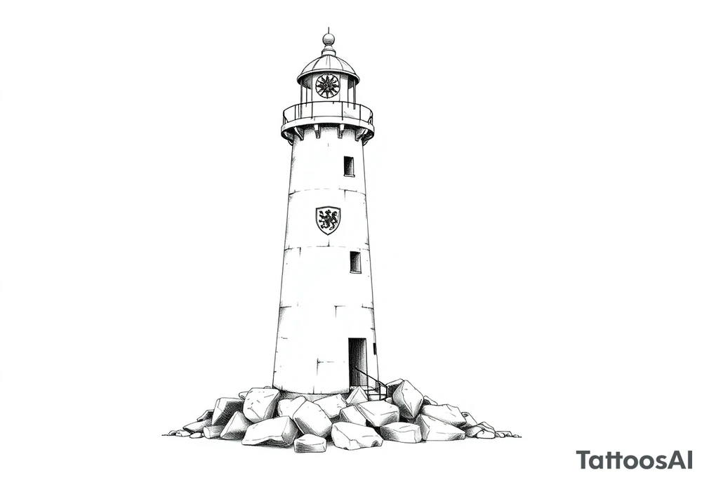 a whole lighthouse with a coat of arms incorporated into the roof without stones on the ground tattoo idea