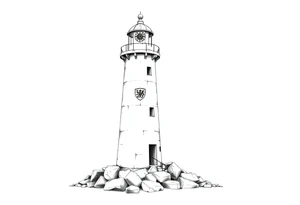 a whole lighthouse with a coat of arms incorporated into the roof without stones on the ground tattoo idea