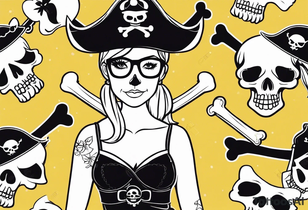 create a pirate flag with a feminine skull with two blonde pigtails and crossbones  wearing glasses. no hat tattoo idea
