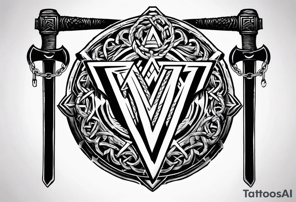 Valhalla round shield axe
Valknut barbed wire chains tattoo idea Valhalla round shield axe
Valknut barbed wire chains tattoo idea