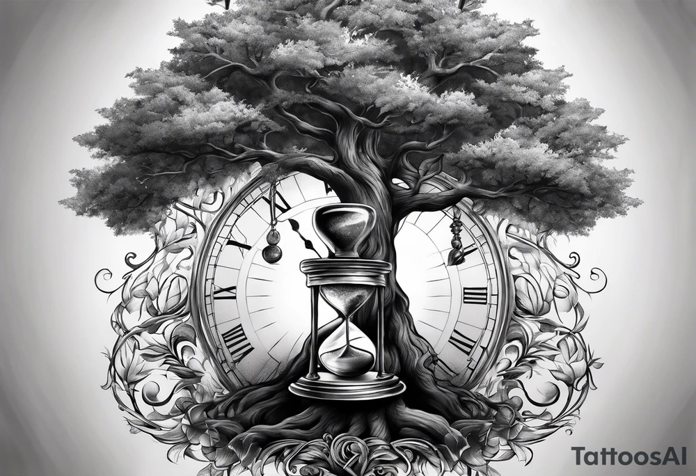 tattoo drawing of a tree coming out of a hour glass tattoo idea