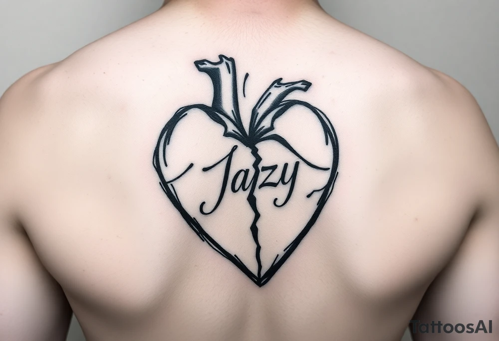 upper arm tattoo -broken heart of a deceased best friend with the name Jazy incorporated tattoo idea