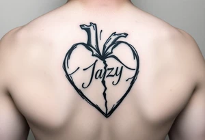 upper arm tattoo -broken heart of a deceased best friend with the name Jazy incorporated tattoo idea