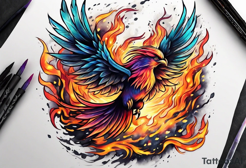 Phoenix flying out of fire tattoo idea