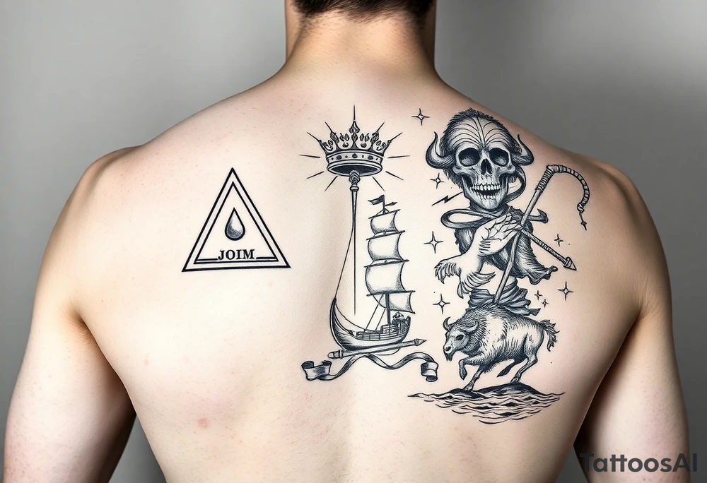 make a seamless sleeve design for a left arm from top of shoulder to wrist in fine line art that includes the images: candlestick, triangle, open hands, light, crown, a path, jacob wrestling with God, skull, ocean, bison, shepherd crook, dove, electricity, ship on the sea tattoo idea