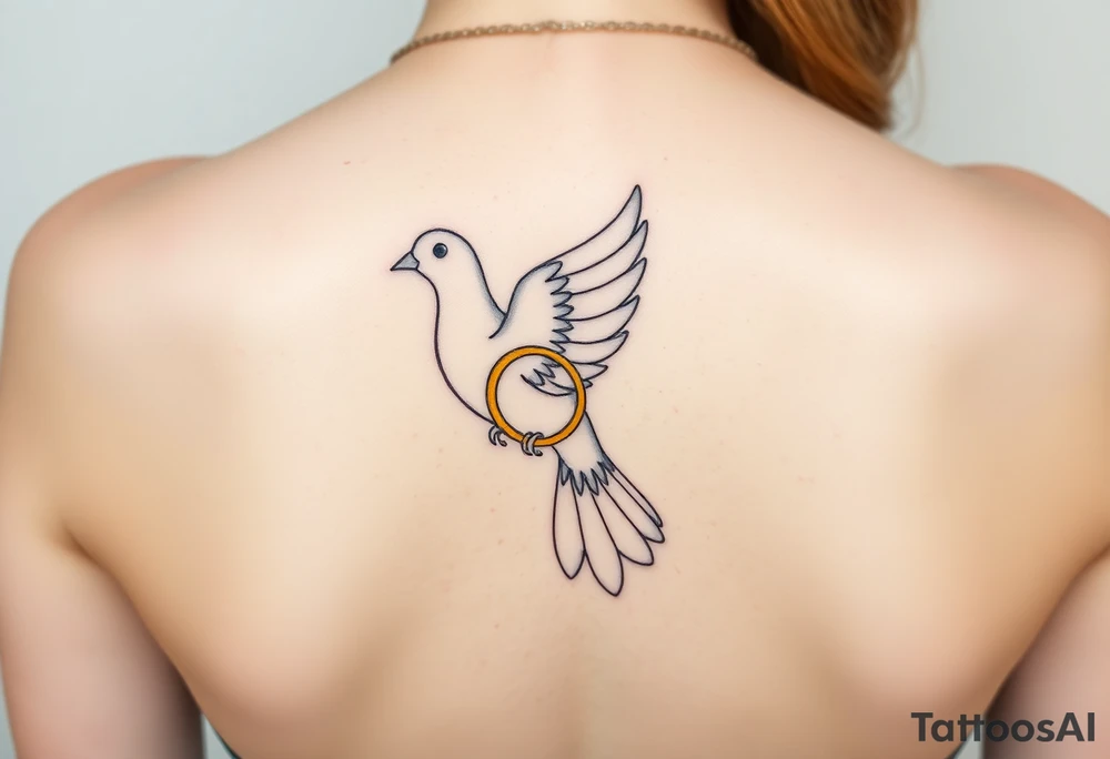 A collared dove with a golden wedding ring clasped in its talons, in a soft golden hue with the dove in pale gray and white, symbolizing commitment and eternal love tattoo idea