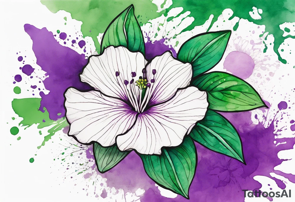 An outline of a green rio dipladenia flower and a green and purple watercolor splash in the background tattoo idea