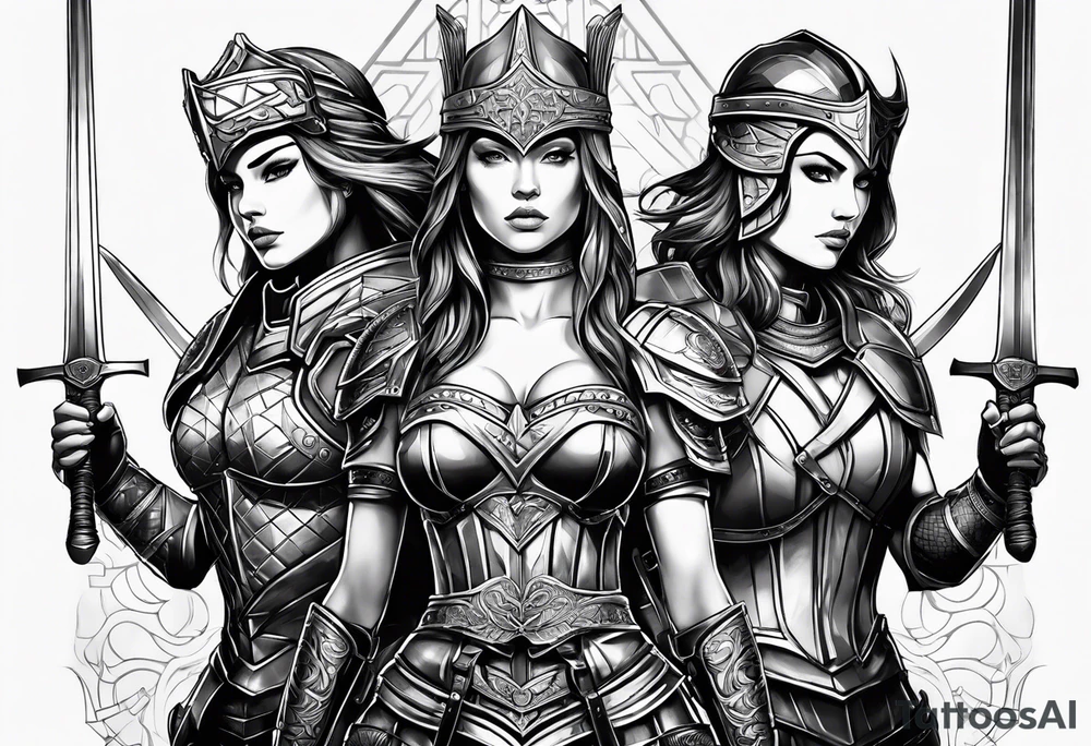 3 female warriors in full body armor wielding swords tattoo idea