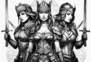 3 female warriors in full body armor wielding swords tattoo idea