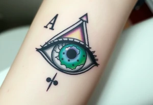 Large outline of an almond shaped eye with an ace of spades for the eyeball colored greenish blue with a crescent moon stars and clouds inside vivid colors blue green purple tattoo idea