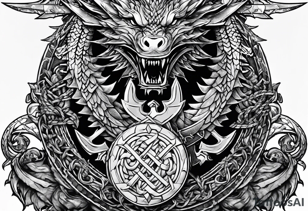 Valhalla sword shield dragon axe Valknut barbed wire chains tattoo idea