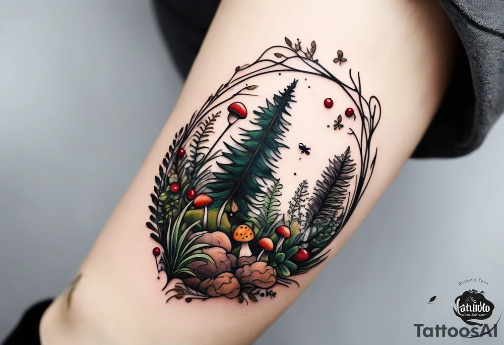 minimalistic forest floor inspired tattoo, which includes grass, moss, curly ferns and dead leaves as the bulk of the tattoo. details to include: forest berries, couple of very small brown mushrooms, a tiny bumblebee flying nearby tattoo idea