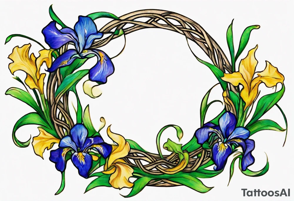 Create a small, colorful Vincent van Gogh Irises tattoo in the form of a crescent, with vines in Celtic knot style gracefully intertwining at a central point in the middle of the wreath. The intended placement is on the upper chest. The middle needs mountains. The overall design should be small in size while maintaining a delicate and artistic aesthetic. Pay attention to the graceful flow of the vines and the placement of the irises to achieve a refined and elegant look. tattoo idea