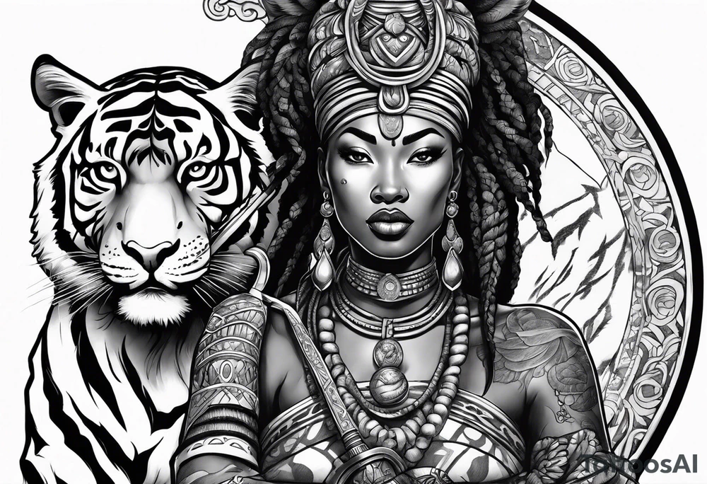 African goddess with sword in hand and tiger Japanese traditional style tattoo idea