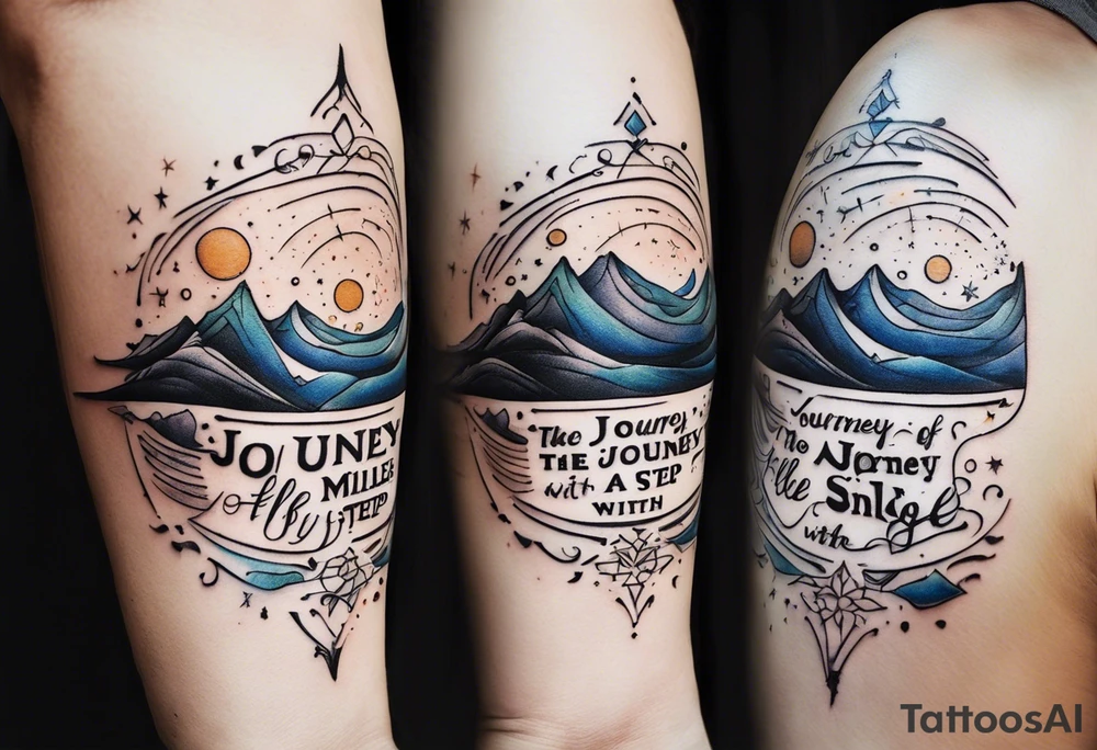 A tattoo featuring a meaningful quote about life's journey, such as "The journey of a thousand miles begins with a single step," accompanied by celestial elements to emphasize the cosmic nature of your path. tattoo idea