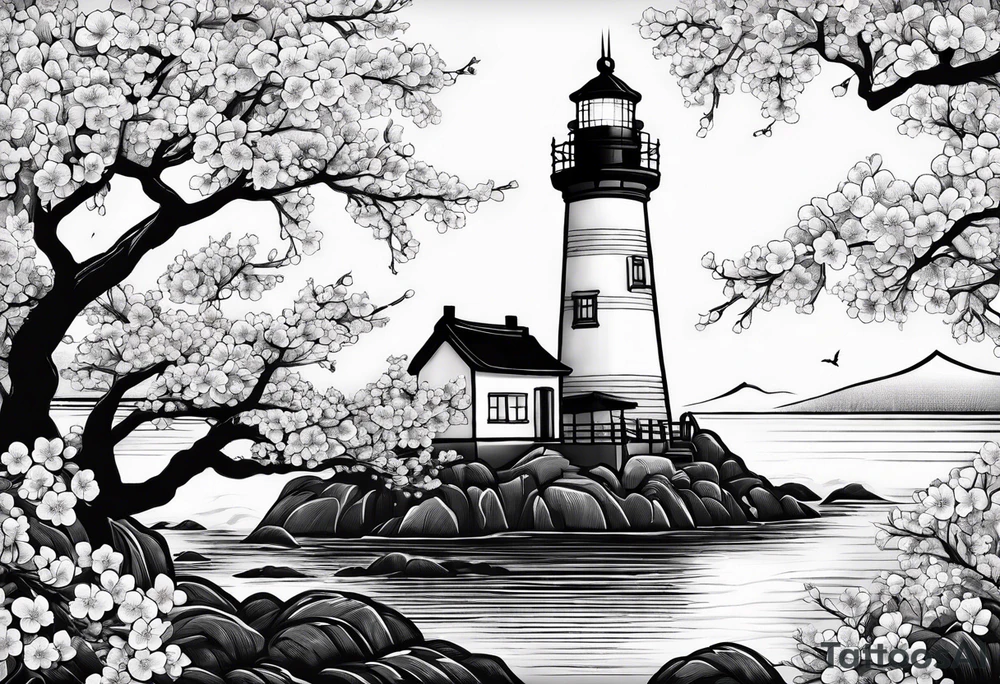 cherry blossom with lighthouse tattoo idea