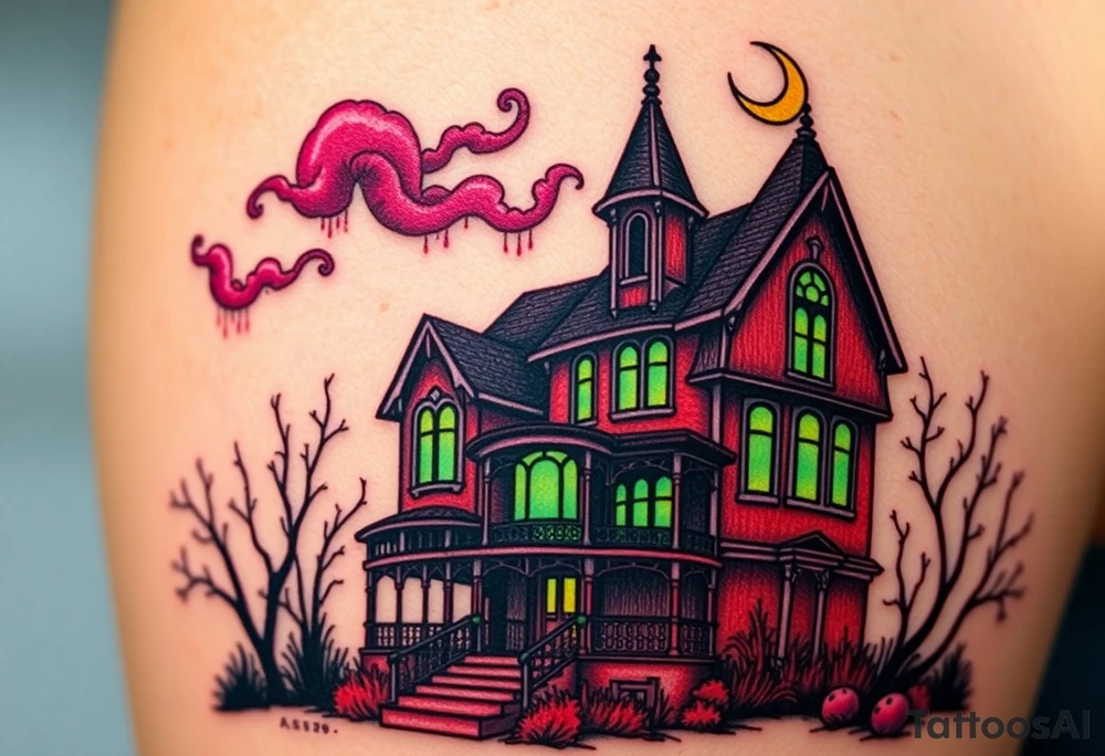 Tim Burton’s haunted victorian home is abandoned and dripping with muted reds, dusty pinks, and eerie green glow.purple and cyan smokey clouds swirl in the crescent moonlit sky thats sprinkled with stars tattoo idea tattoo idea