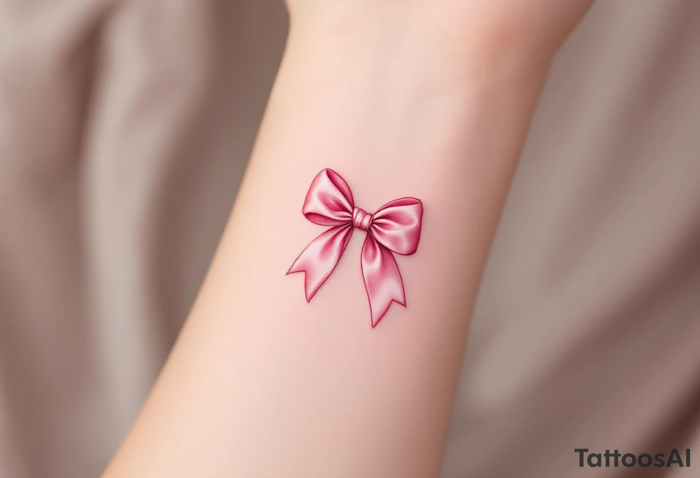 An elegant satin bow tattoo, tied in a perfect knot. The bow is rendered in a soft blush pink with gentle highlights, creating a realistic silk-like sheen. Subtle shadows add depth, making the fabric appear delicately folded. The knot at the center is slightly darker, emphasizing its structure and strength. tattoo idea