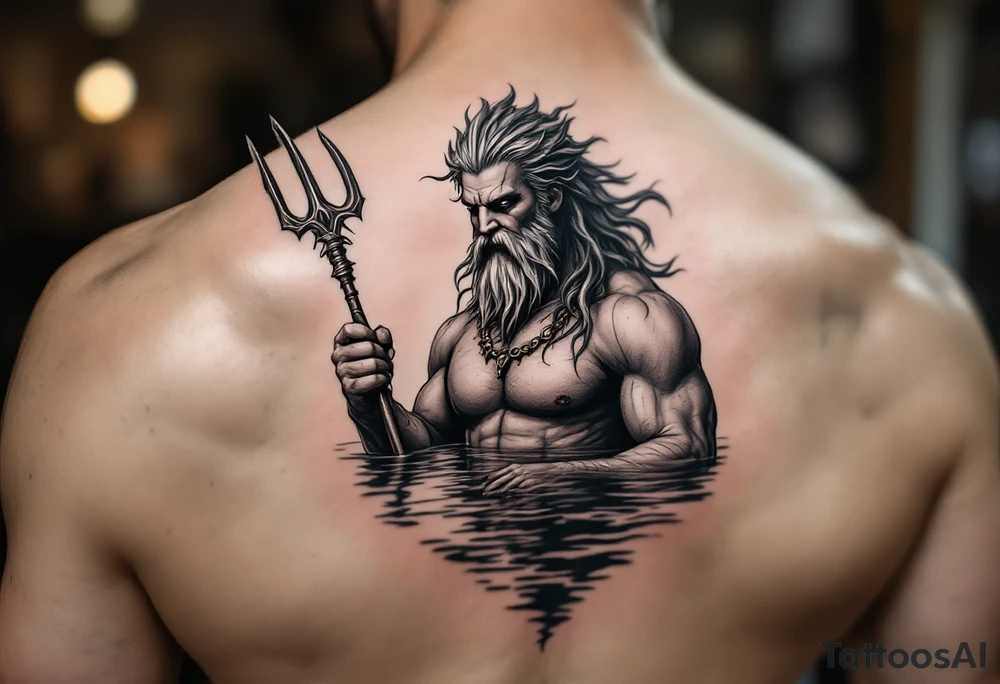 poseidon in calm water, holding a trident, holding a beer tattoo idea